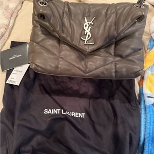 Saint Laurent Quilted Chevron Flap Bag in Taupe Gray